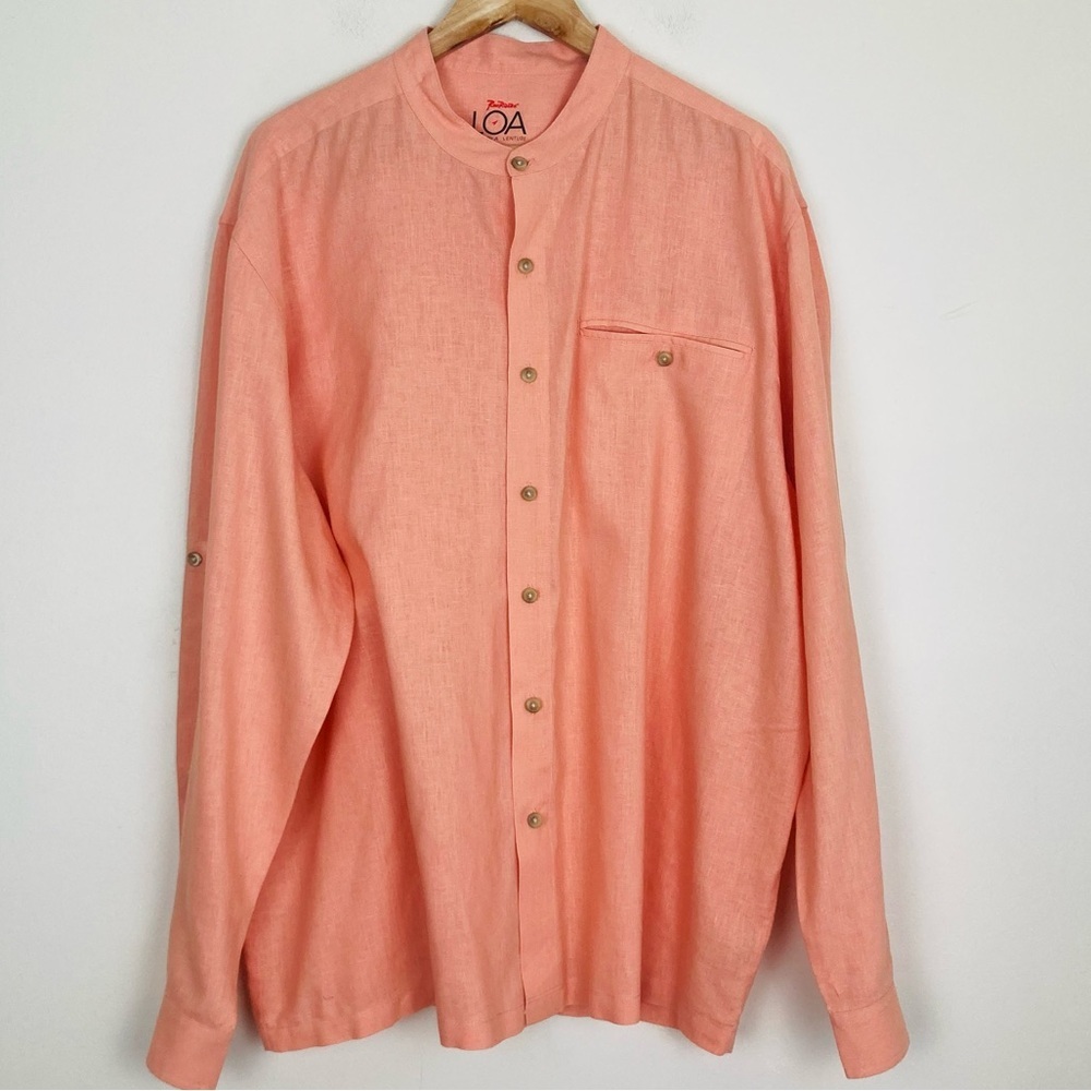 Rail Riders LOA “Surfside” orange hemp blend collarless button up shirt. Size 2X